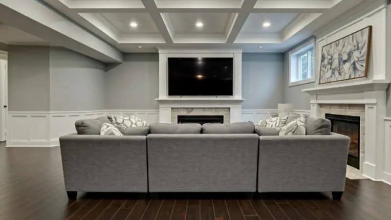 Finished basement remodeling in Greenville SC with coffered ceiling, recessed lighting, and custom living space by Burch Contracting Finished basement remodeling in Greenville SC with coffered ceiling, recessed lighting, and custom living space by Burch Contracting