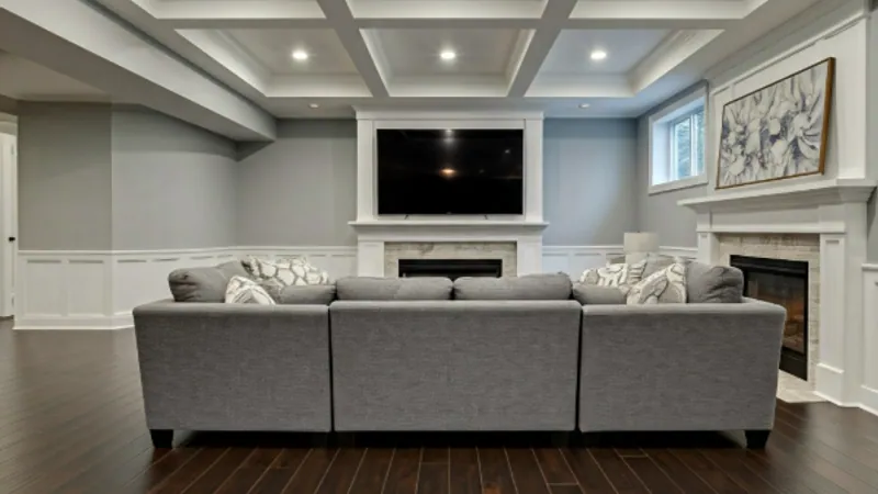 Finished basement remodeling in Greenville SC with coffered ceiling, recessed lighting, and custom living space by Burch Contracting Finished basement remodeling in Greenville SC with coffered ceiling, recessed lighting, and custom living space by Burch Contracting